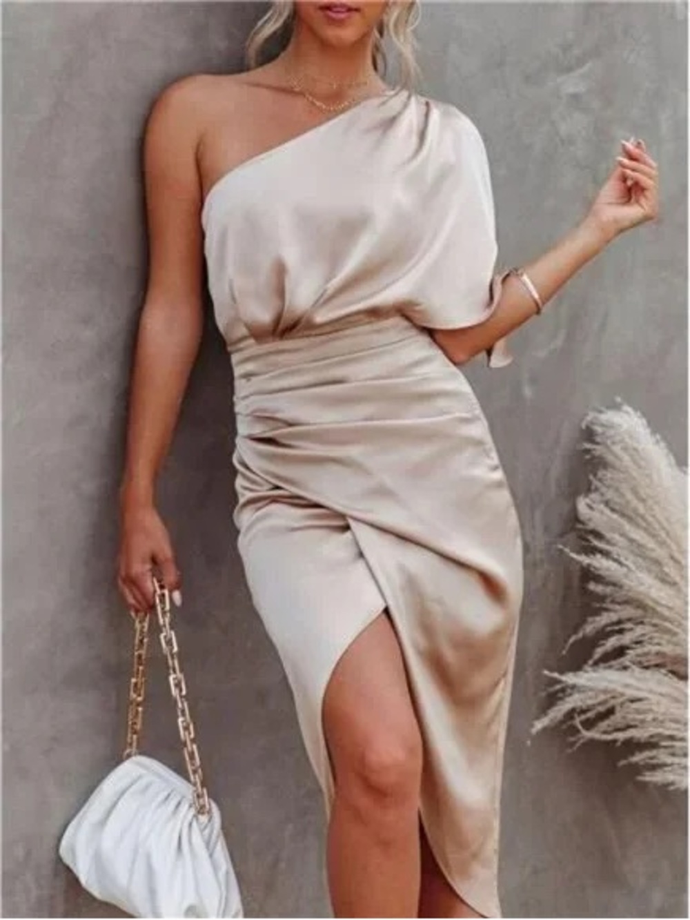A Classy Chic Boutique One-Shoulder Satin Dress in Champagne Beige